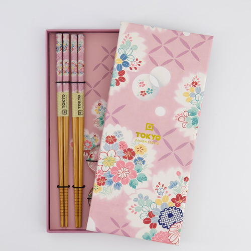 Chopstick giftset met roze bloemen motief, stijlvol en kleurrijk cadeau