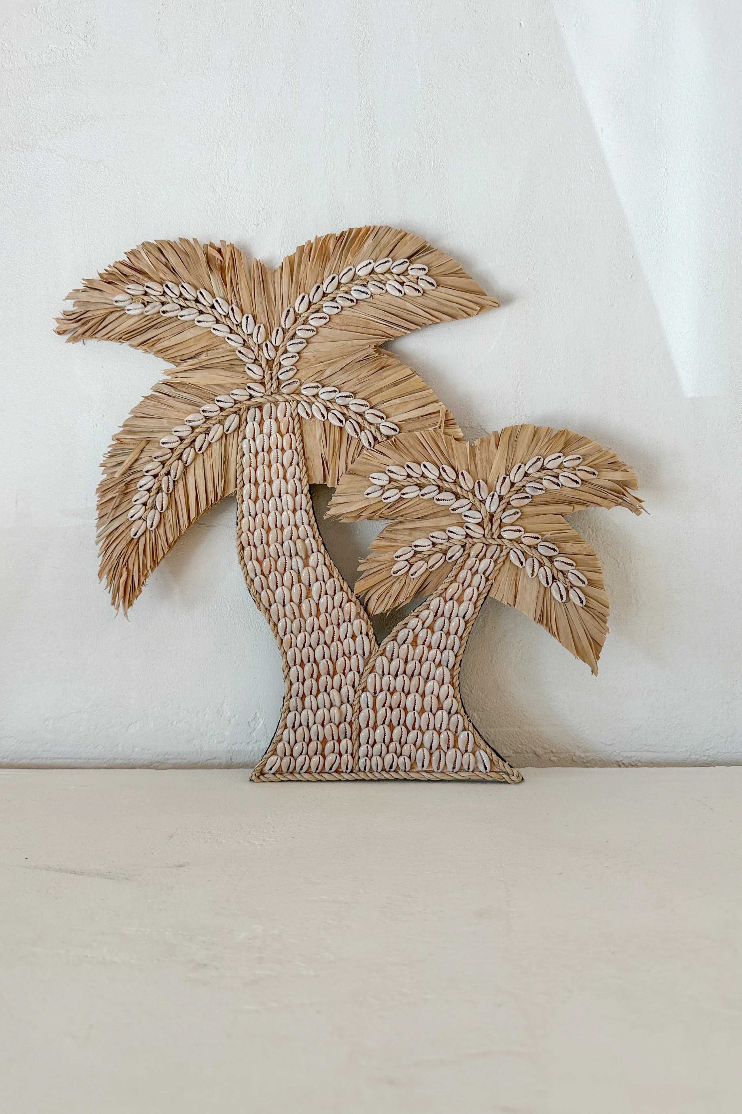 Wanddecoratie met palmbomen van naturel raffia, handgemaakt natuurlijk interieurobject