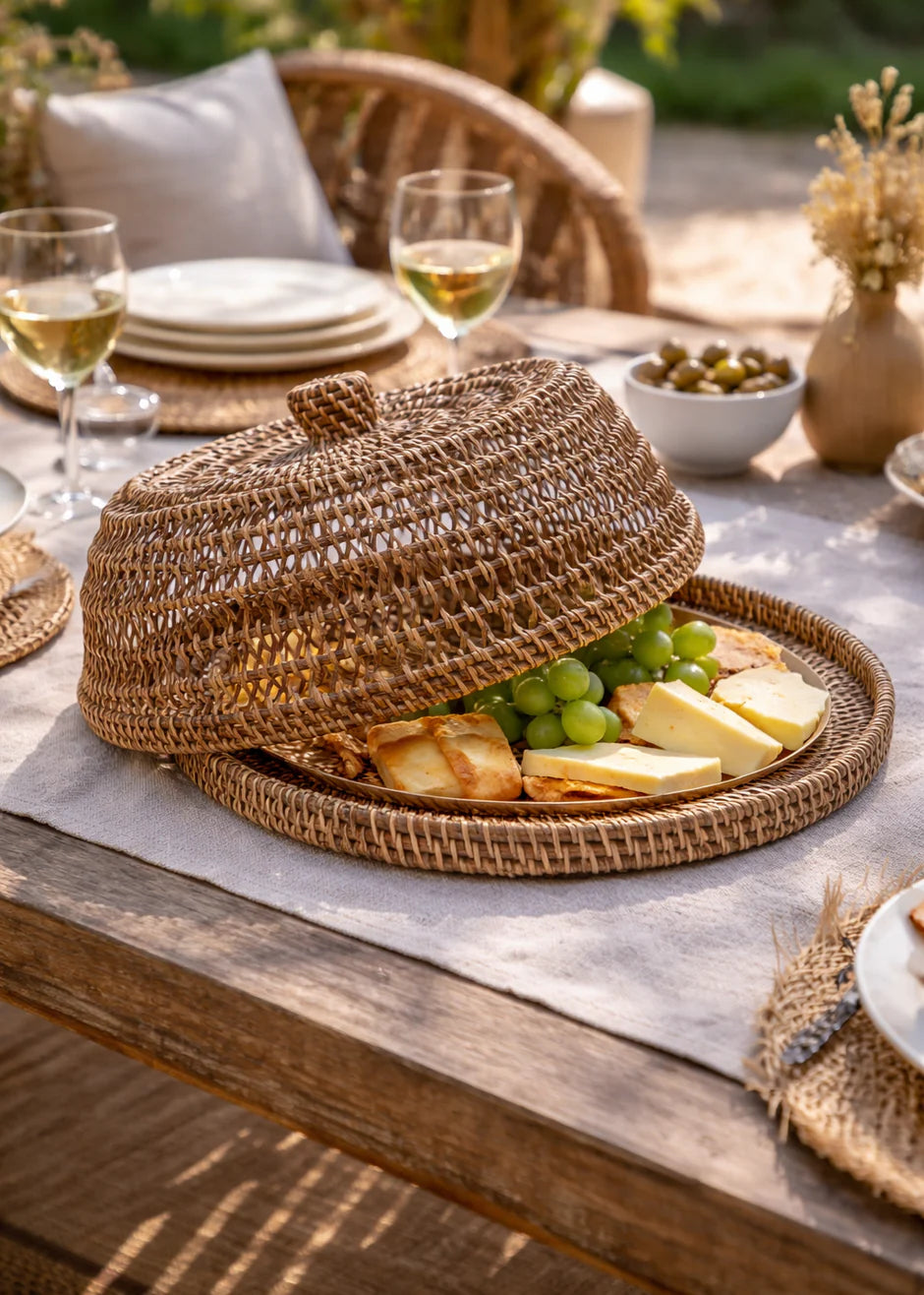 Handgemaakte rotan food cover Ø35 cm op tafel, naturel bohemian buitentafel styling